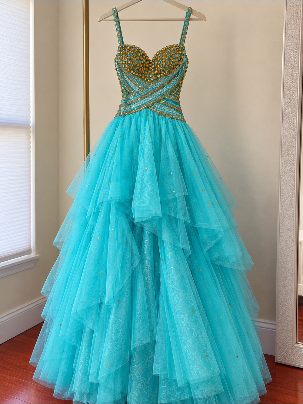 Sherri Hill Turquoise Jeweled High-Low Ball Gown Size 6